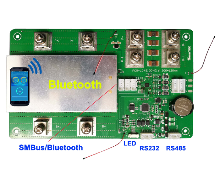 BMS with RS232/RS485/SMBus/Bluetooth Communication for 3~4S Li-ion/LiFePO4 Battery Pack PCM-04S100-E16