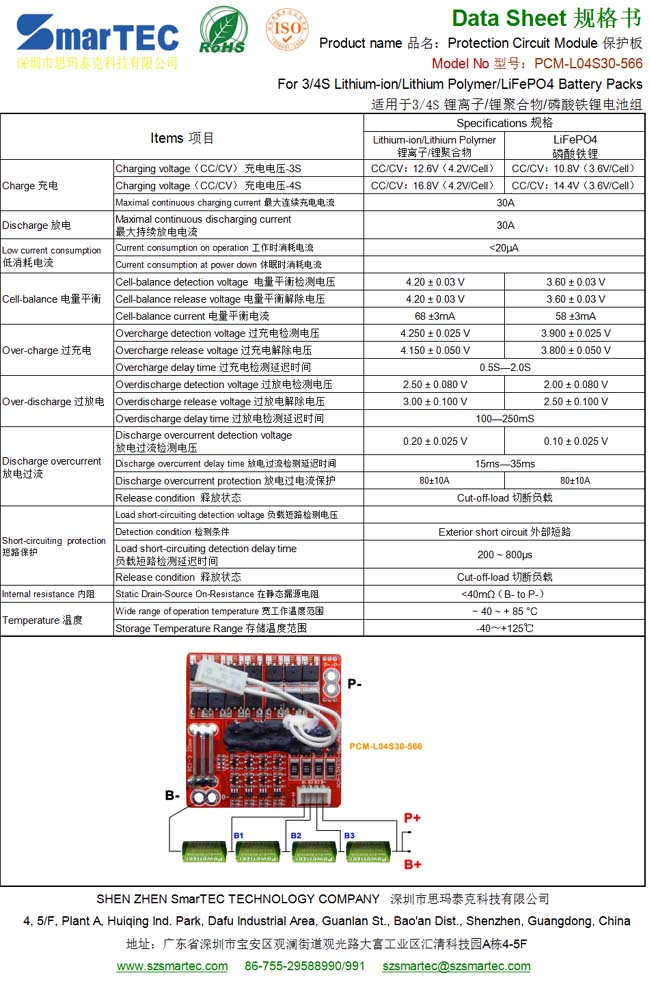 Protection Circuit Module for 3~4S Li-ion/LiFePO4 Battery Pack PCM-L04S30-566 60*60mm